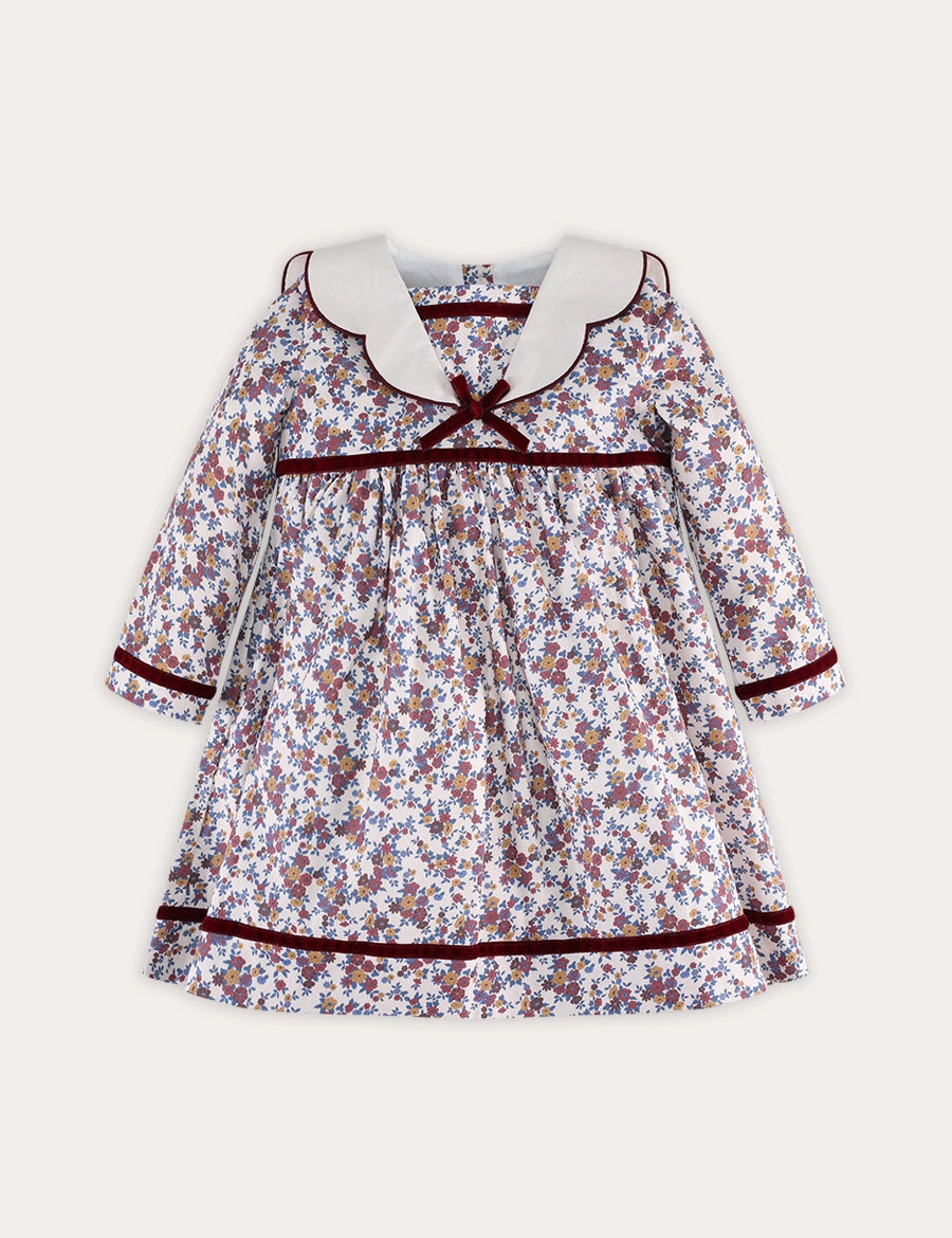 Victoria Floral Scallop Mariner Collar Long Sleeve Dress in Burgundy (18mths-10yrs) Dresses from Pepa London