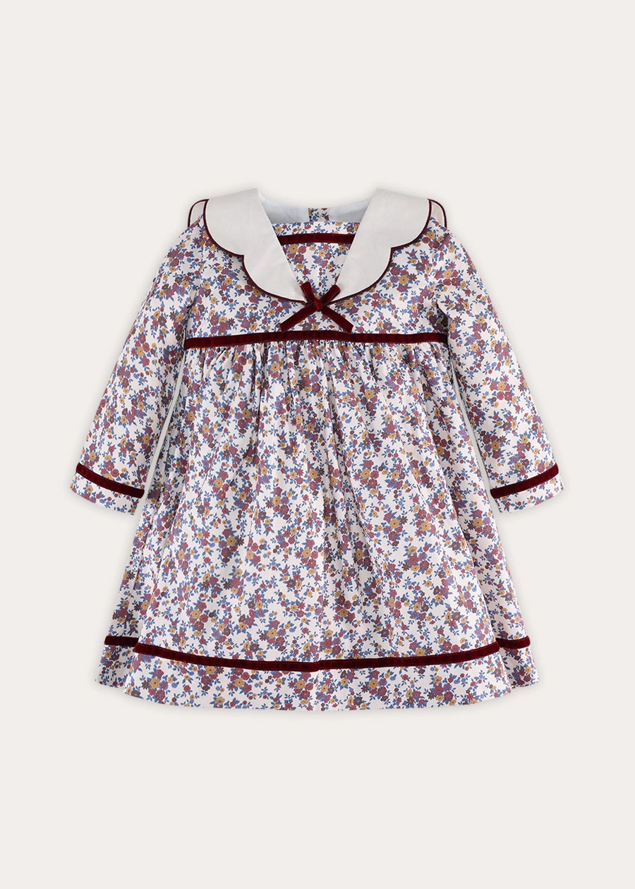 Victoria Floral Scallop Mariner Collar Long Sleeve Dress in Burgundy (18mths-10yrs) Dresses from Pepa London