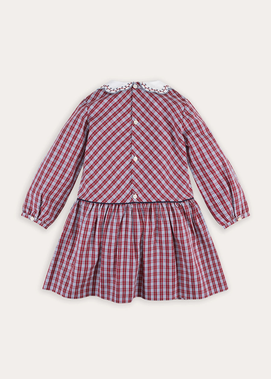 Arlington Check Long Sleeve Drop Waist Embroidered Dress in Burgundy (18mths-10yrs) Dresses from Pepa London