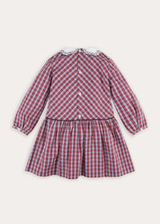 Arlington Check Long Sleeve Drop Waist Embroidered Dress in Burgundy (18mths-10yrs) Dresses from Pepa London