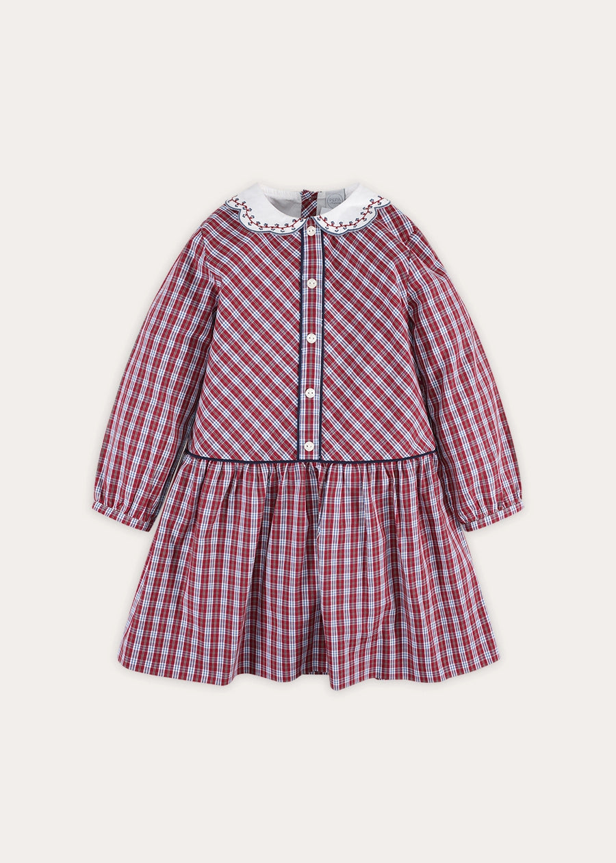 Arlington Check Long Sleeve Drop Waist Embroidered Dress in Burgundy (18mths-10yrs) Dresses from Pepa London