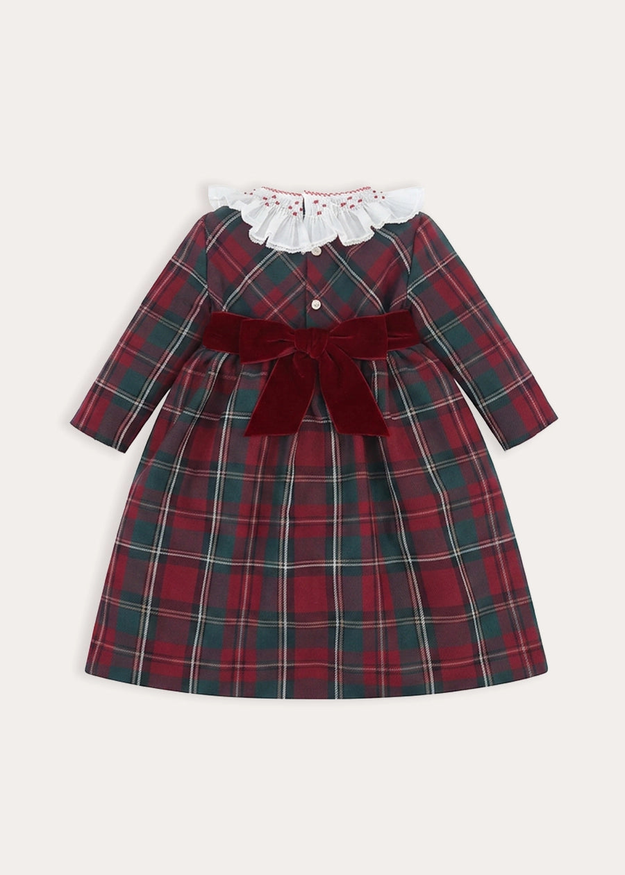 Balmoral Tartan Long Sleeve Embroidered Collar Dress in Burgundy (12mths-10yrs) Dresses from Pepa London