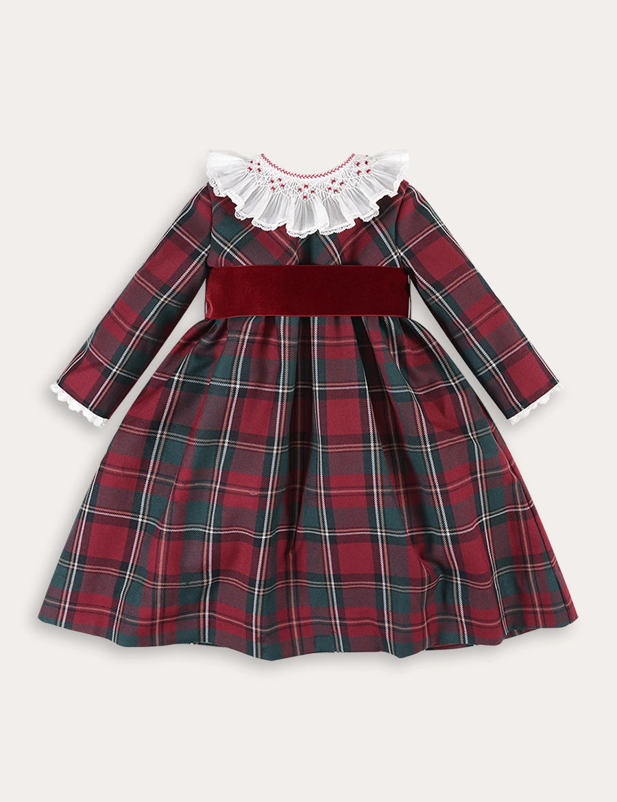 Balmoral Tartan Long Sleeve Embroidered Collar Dress in Burgundy (12mths-10yrs) Dresses from Pepa London