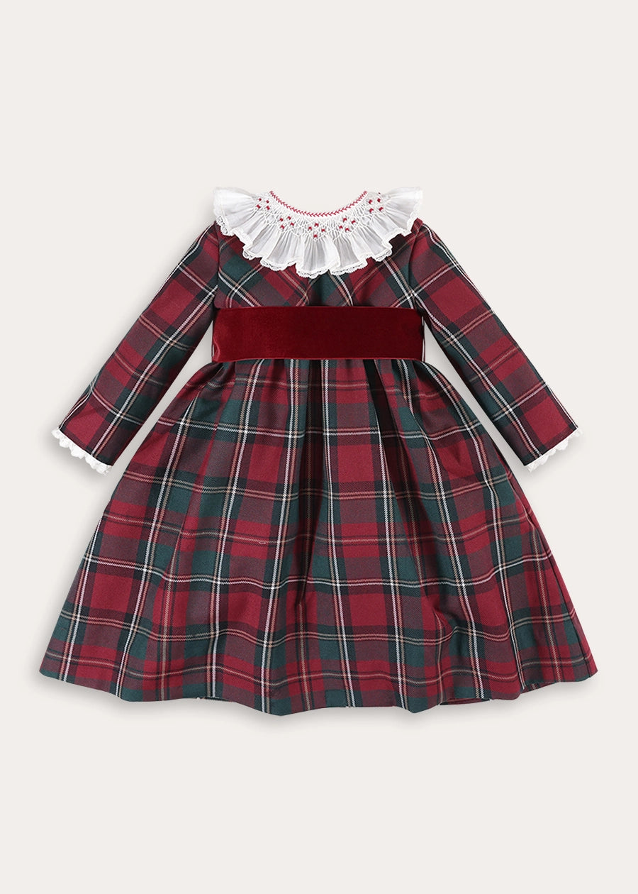 Balmoral Tartan Long Sleeve Embroidered Collar Dress in Burgundy (12mths-10yrs) Dresses from Pepa London