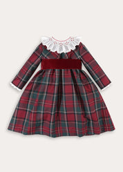 Balmoral Tartan Long Sleeve Embroidered Collar Dress in Burgundy (12mths-10yrs) Dresses from Pepa London