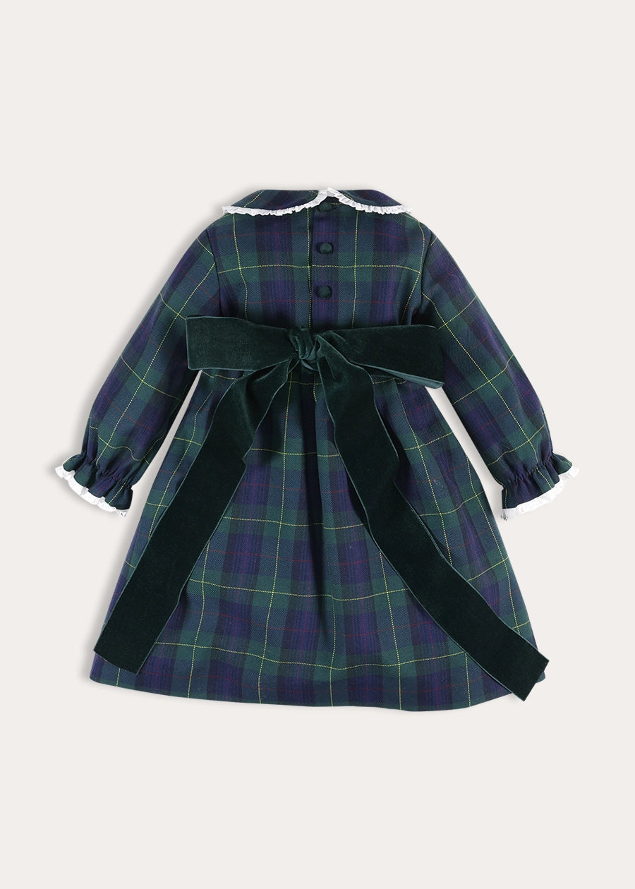 Radley Tartan Double Breasted Long Sleeve Velvet Bow Dress in Green (12mths-10yrs) Dresses from Pepa London