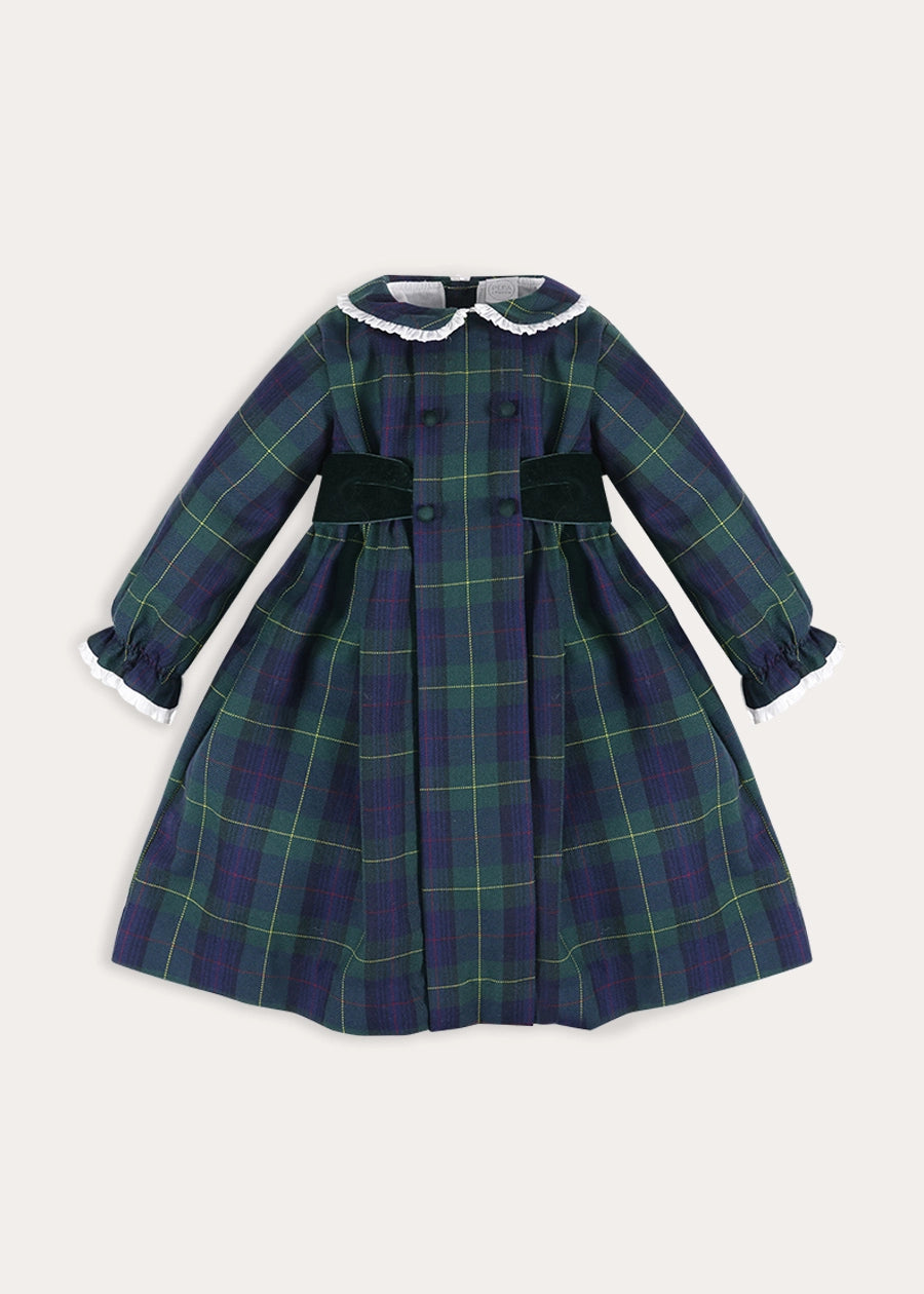Radley Tartan Double Breasted Long Sleeve Velvet Bow Dress in Green (12mths-10yrs) Dresses from Pepa London