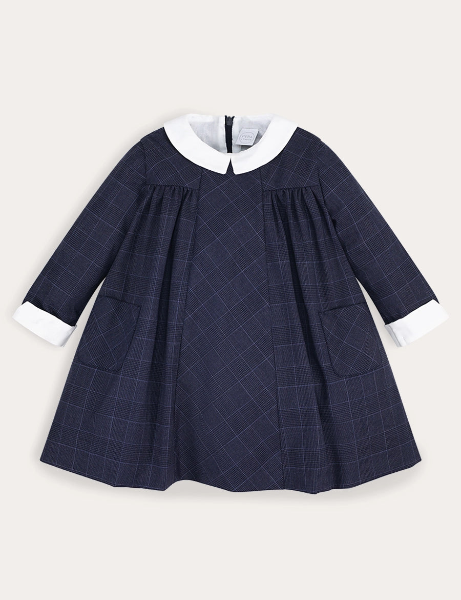 Fitzroy Check Oxford Collar Long Sleeve Dress in Navy (18mths-10yrs) Dresses from Pepa London