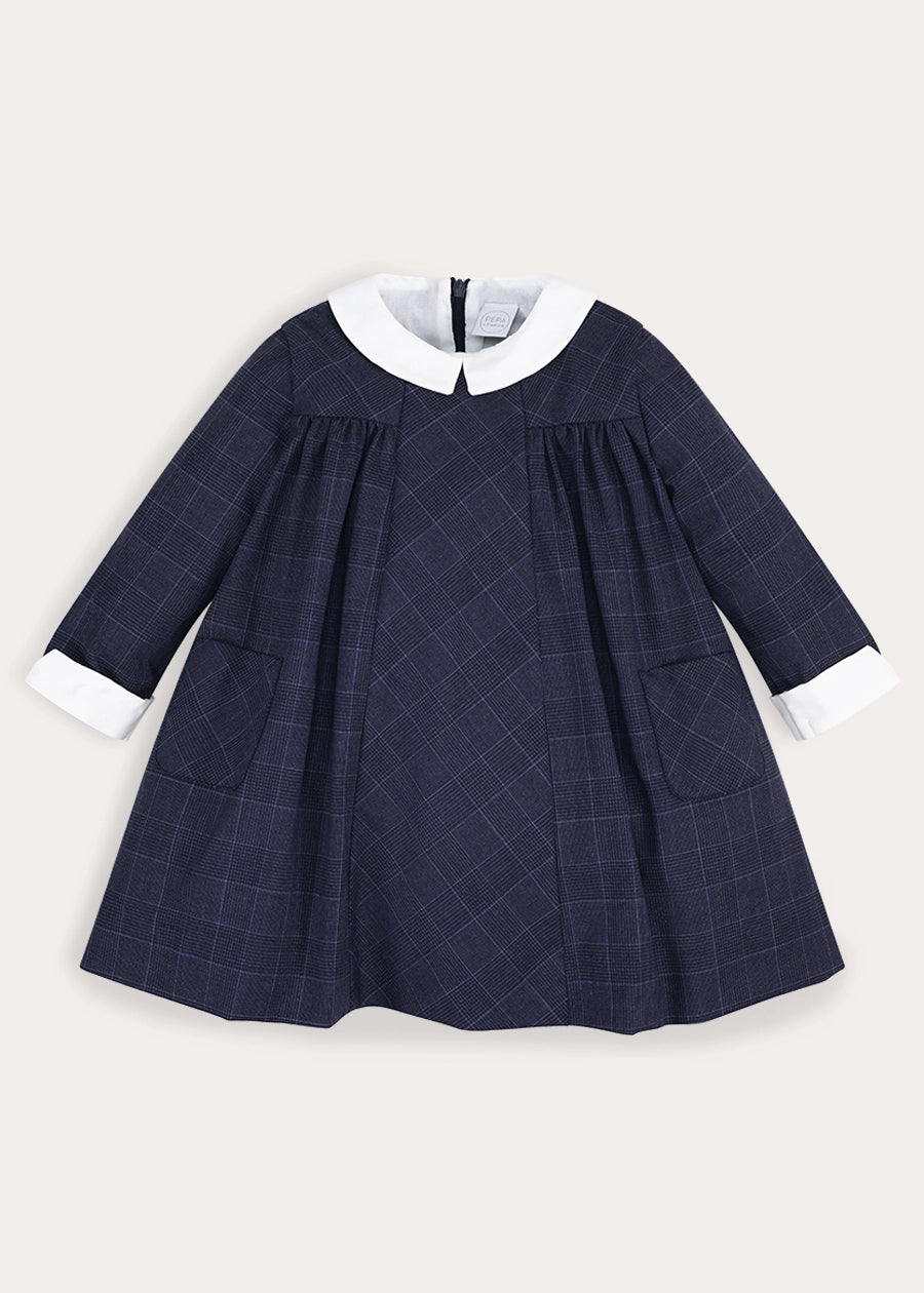 Fitzroy Check Oxford Collar Long Sleeve Dress in Navy (18mths-10yrs) Dresses from Pepa London