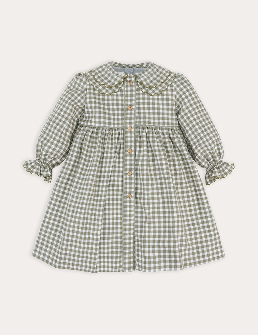 Westbury Gingham Long Sleeve Layered Collar Dress in Green (18mths-10yrs) Dresses from Pepa London