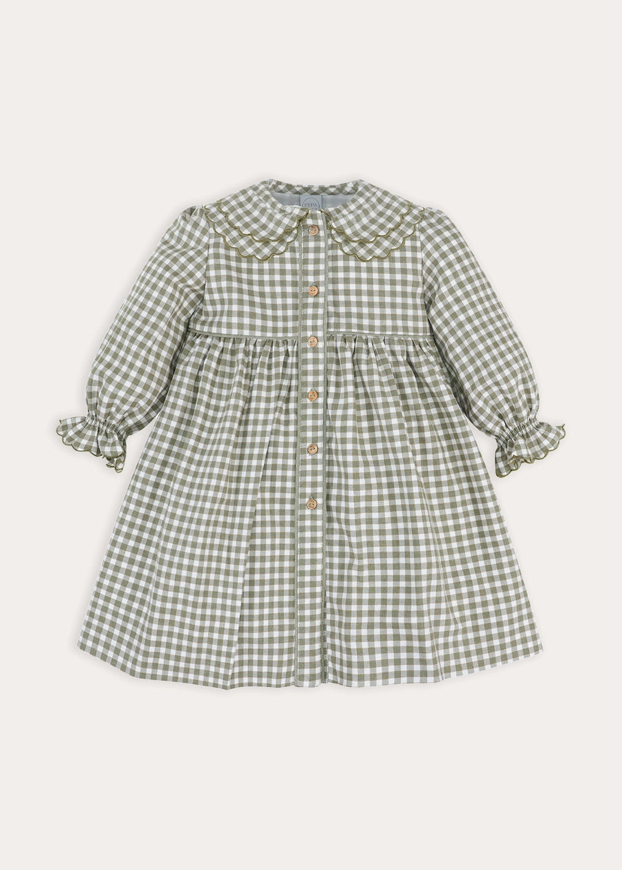 Westbury Gingham Long Sleeve Layered Collar Dress in Green (18mths-10yrs) Dresses from Pepa London
