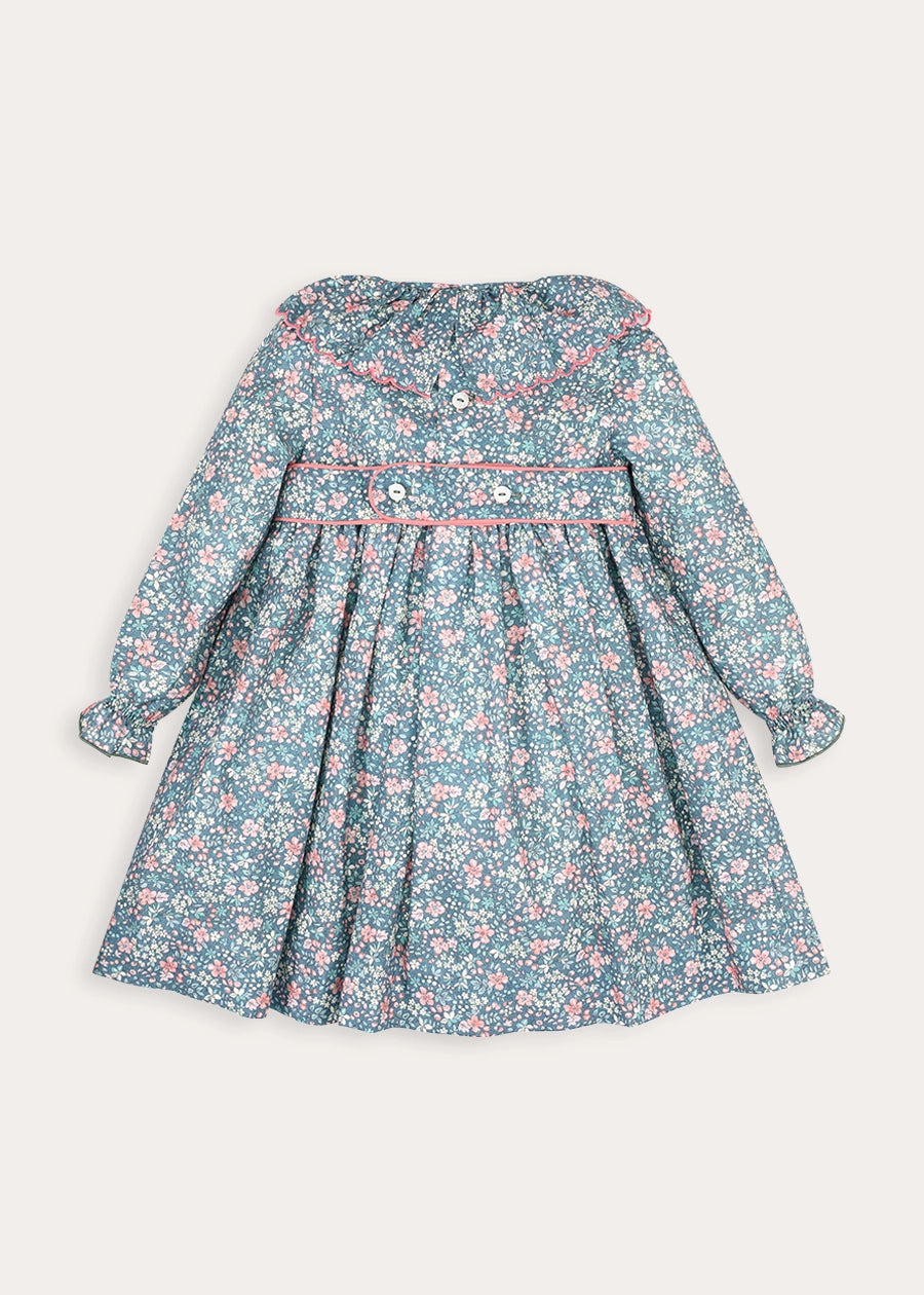 Beatrice Floral Long Sleeve Frill Collar Dress in Teal (18mths-10yrs) Dresses from Pepa London
