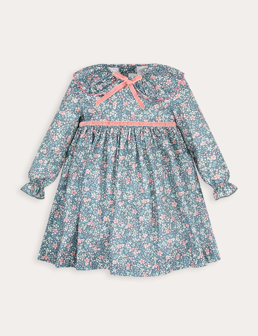 Beatrice Floral Long Sleeve Frill Collar Dress in Teal (18mths-10yrs) Dresses from Pepa London