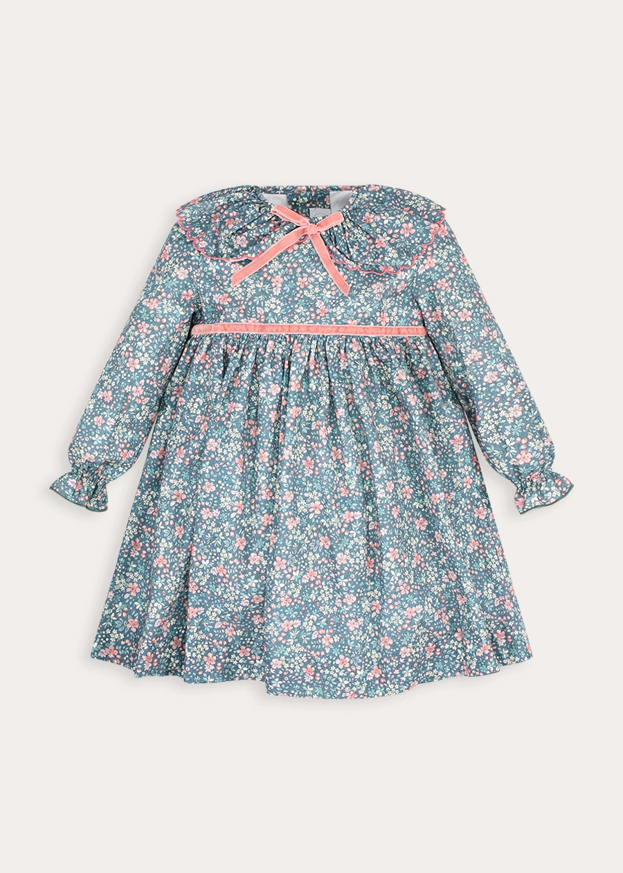 Beatrice Floral Long Sleeve Frill Collar Dress in Teal (18mths-10yrs) Dresses from Pepa London