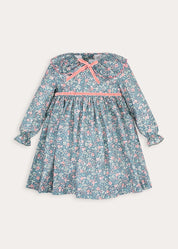 Beatrice Floral Long Sleeve Frill Collar Dress in Teal (18mths-10yrs) Dresses from Pepa London