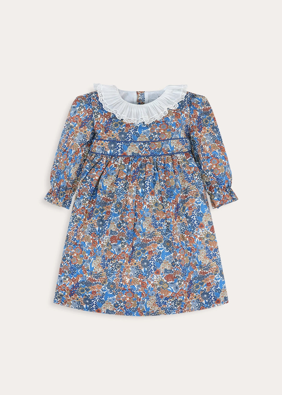 Margaret Annie Floral Frill Collar Dress Made With Liberty Fabric in Blue (18mths-10yrs) Dresses from Pepa London