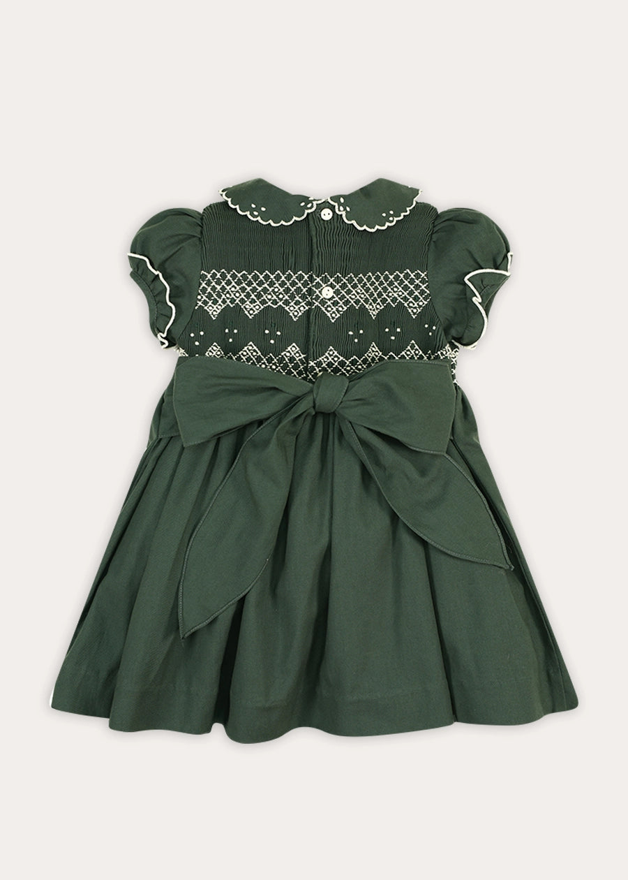 The Icon Hand Smocked Peter Pan Collar Short Sleeve Dress in Racing Green (18mths-10yrs) Dresses from Pepa London