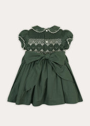 The Icon Hand Smocked Peter Pan Collar Short Sleeve Dress in Racing Green (18mths-10yrs) Dresses from Pepa London