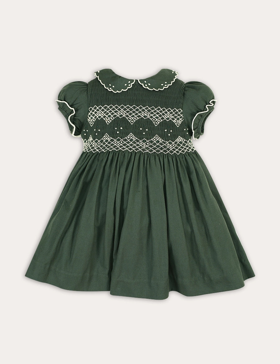 The Icon Hand Smocked Peter Pan Collar Short Sleeve Dress in Racing Green (18mths-10yrs) Dresses from Pepa London