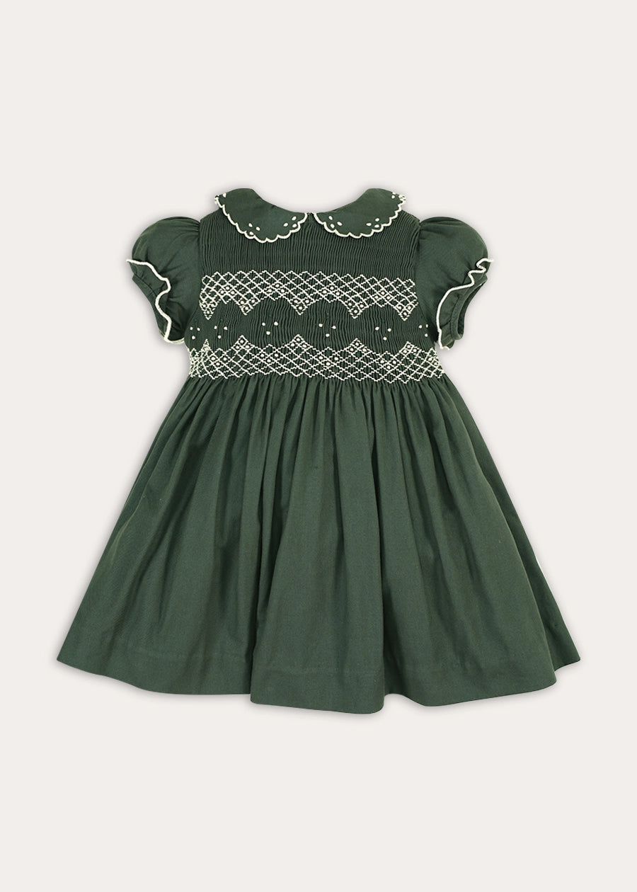 The Icon Hand Smocked Peter Pan Collar Short Sleeve Dress in Racing Green (18mths-10yrs) Dresses from Pepa London