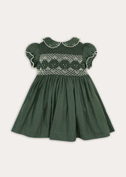 The Icon Hand Smocked Peter Pan Collar Short Sleeve Dress in Racing Green (18mths-10yrs) Dresses from Pepa London
