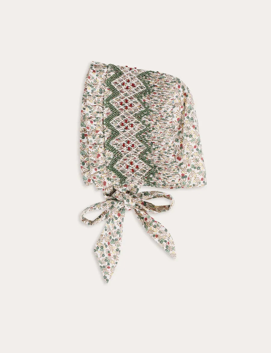 Evelyn Floral Hand Smocked Bonnet in Green (S-L) Knitted Accessories from Pepa London
