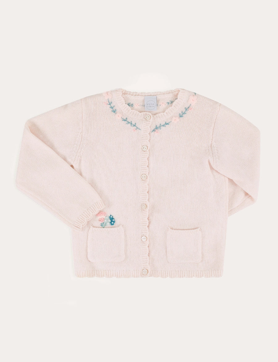 Wildflower Embroidered Knitted Cardigan in Pale Pink (3mths-4yrs) Knitwear from Pepa London