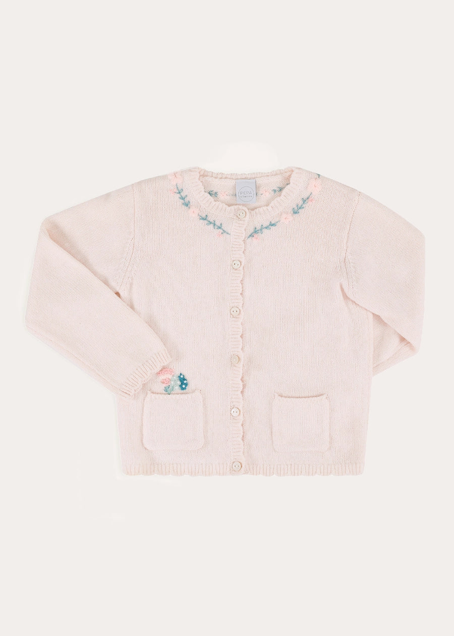 Wildflower Embroidered Knitted Cardigan in Pale Pink (3mths-4yrs) Knitwear from Pepa London