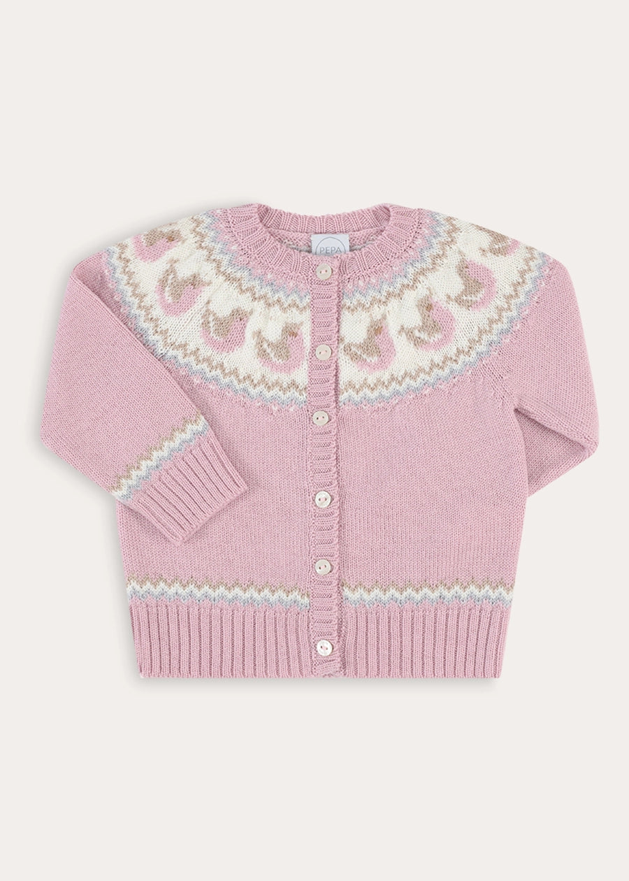 Birdie Fair Isle Knitted Cardigan in Pink (6mths-6yrs) Knitwear from Pepa London