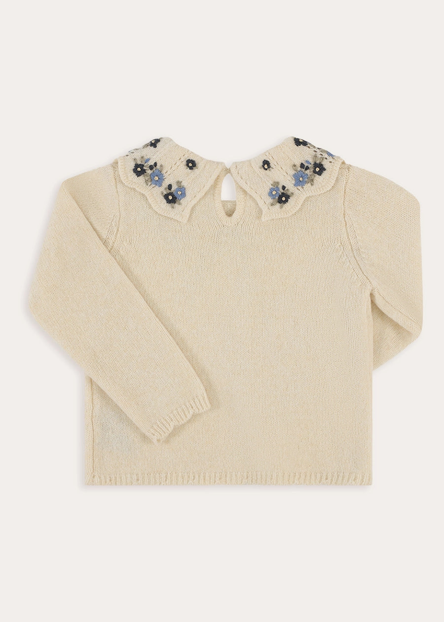 Floral Embroidered Ruffle Collar Knitted Jumper in Cream (2-10yrs) Knitwear from Pepa London