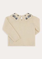 Floral Embroidered Ruffle Collar Knitted Jumper in Cream (2-10yrs) Knitwear from Pepa London