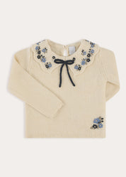 Floral Embroidered Ruffle Collar Knitted Jumper in Cream (2-10yrs) Knitwear from Pepa London