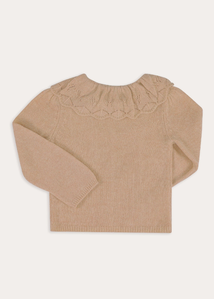 Openwork Knitted Ruffle Collar Cardigan in Camel (3-10yrs) Knitwear from Pepa London