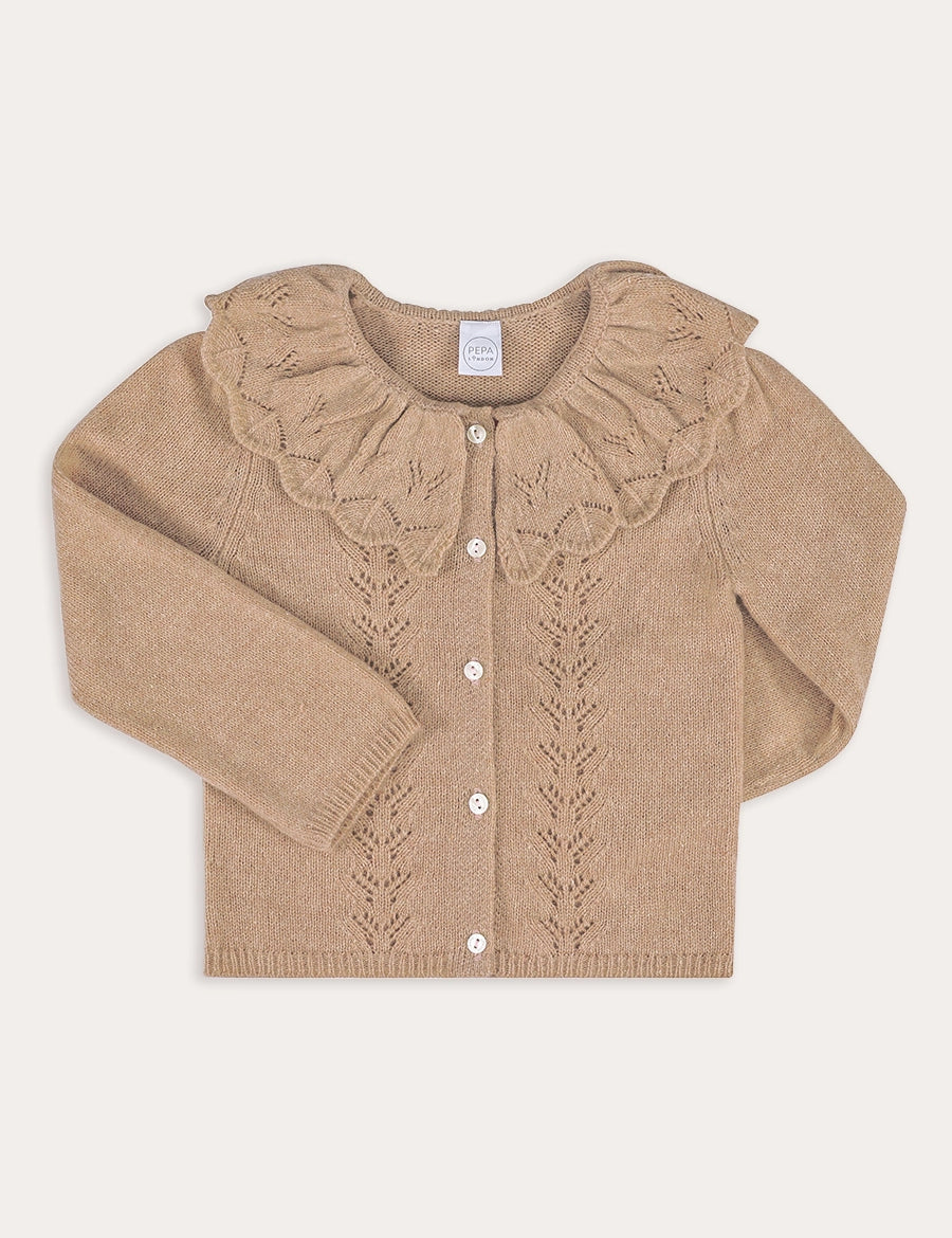 Openwork Knitted Ruffle Collar Cardigan in Camel (3-10yrs) Knitwear from Pepa London