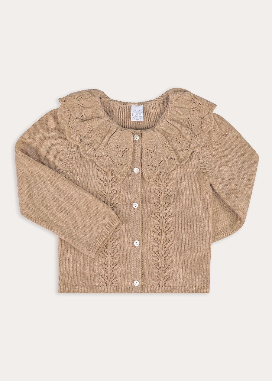 Openwork Knitted Ruffle Collar Cardigan in Camel (3-10yrs) Knitwear from Pepa London