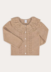 Openwork Knitted Ruffle Collar Cardigan in Camel (3-10yrs) Knitwear from Pepa London