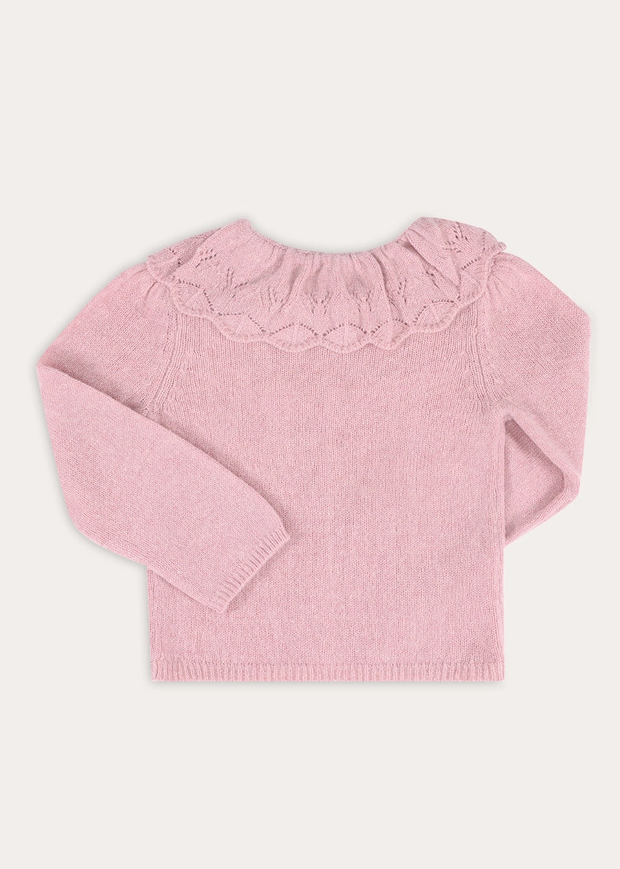 Openwork Knitted Ruffle Collar Cardigan in Pink (3-10yrs) Knitwear from Pepa London