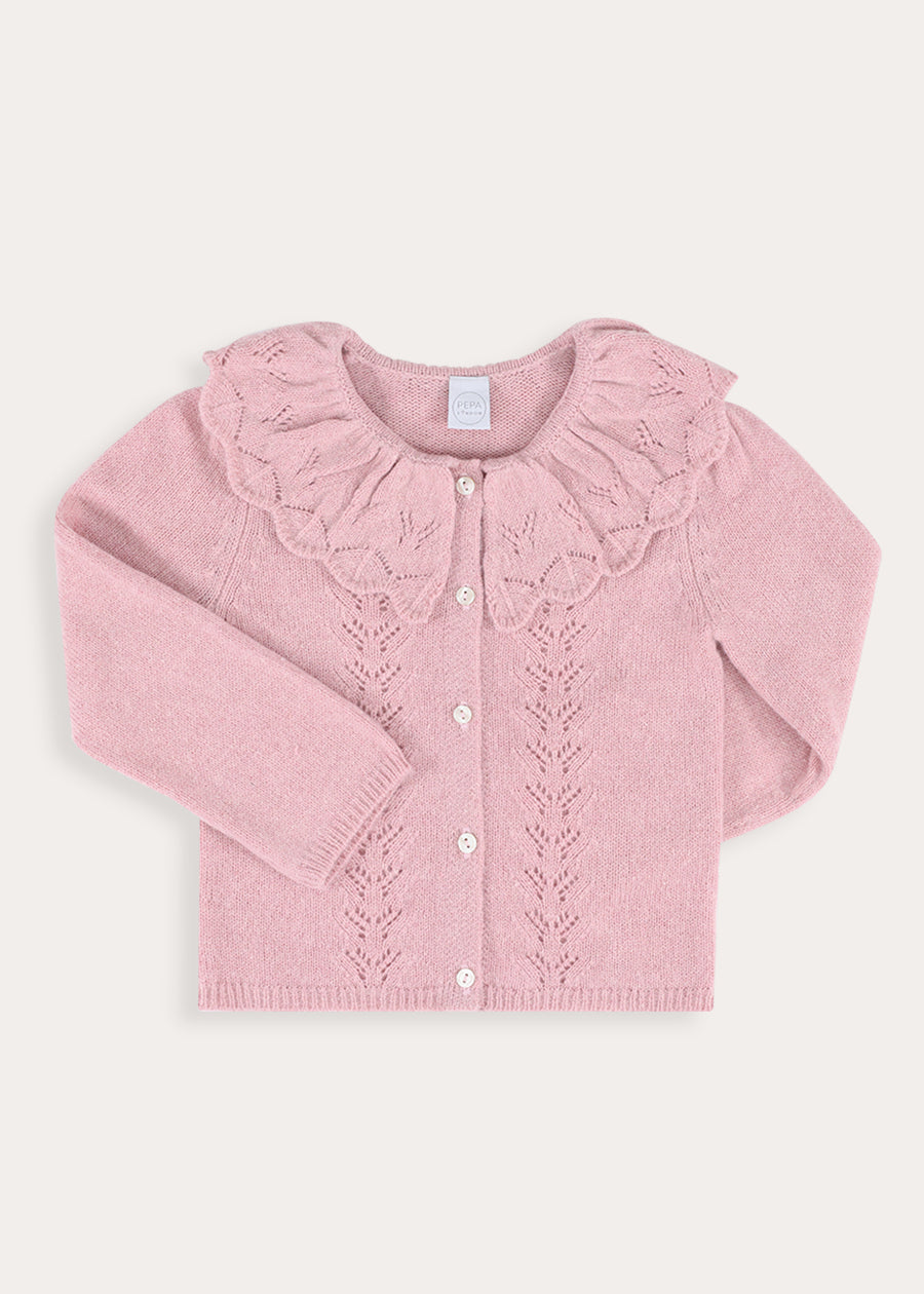 Openwork Knitted Ruffle Collar Cardigan in Pink (3-10yrs)