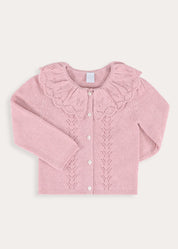 Openwork Knitted Ruffle Collar Cardigan in Pink (3-10yrs)