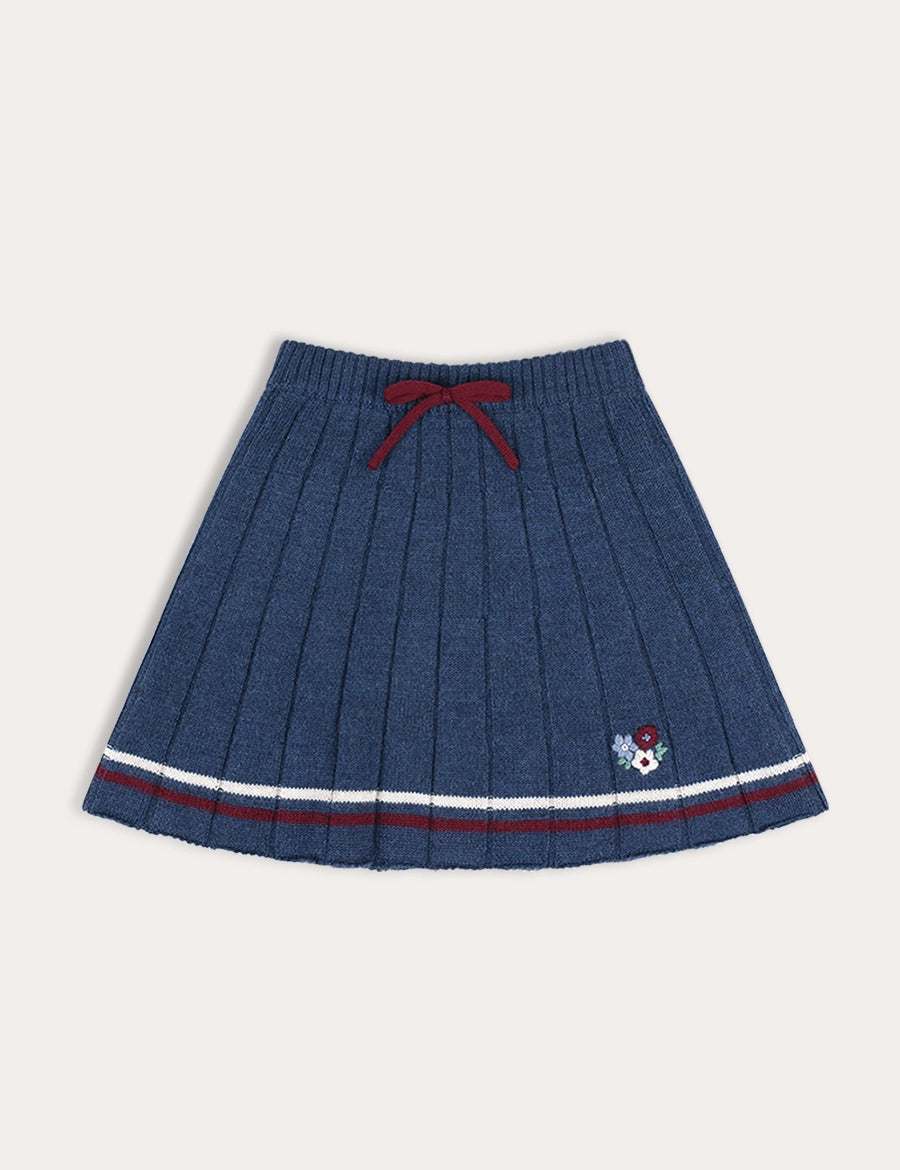 Pleated Floral Embroidered Knitted Skirt in Navy (4-10yrs) Skirts from Pepa London
