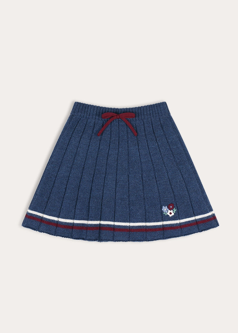 Pleated Floral Embroidered Knitted Skirt in Navy (4-10yrs) Skirts from Pepa London