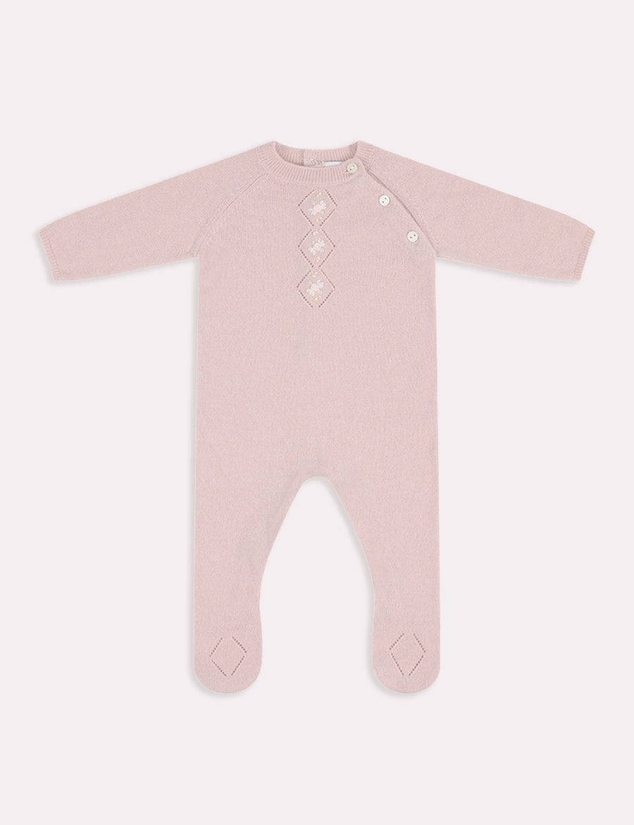 Knitted Floral Hand Embroidered All In One in Dusty Pink (1-12mths) Knitwear from Pepa London