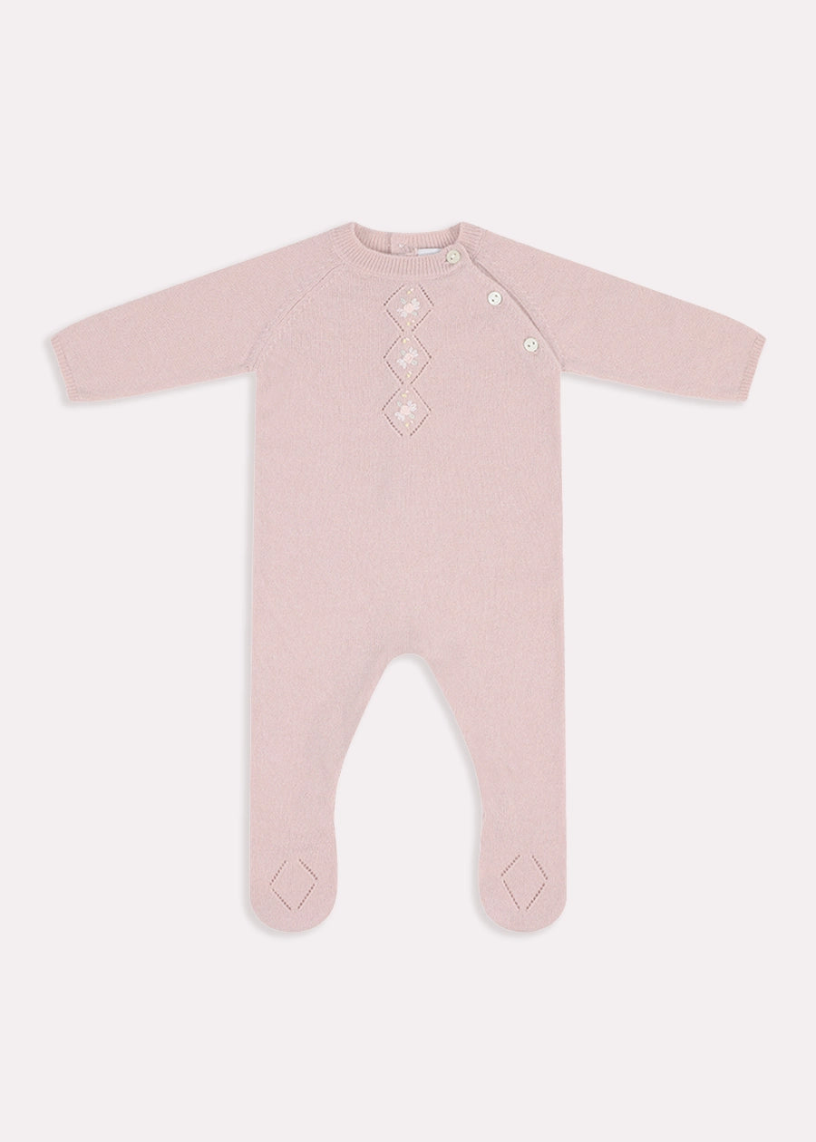 Knitted Floral Hand Embroidered All In One in Dusty Pink (1-12mths) Knitwear from Pepa London