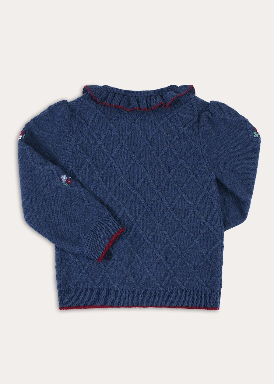Cable Knit Floral Embroidered Ruffle Detail Cardigan in Navy (4-10yrs) Knitwear from Pepa London