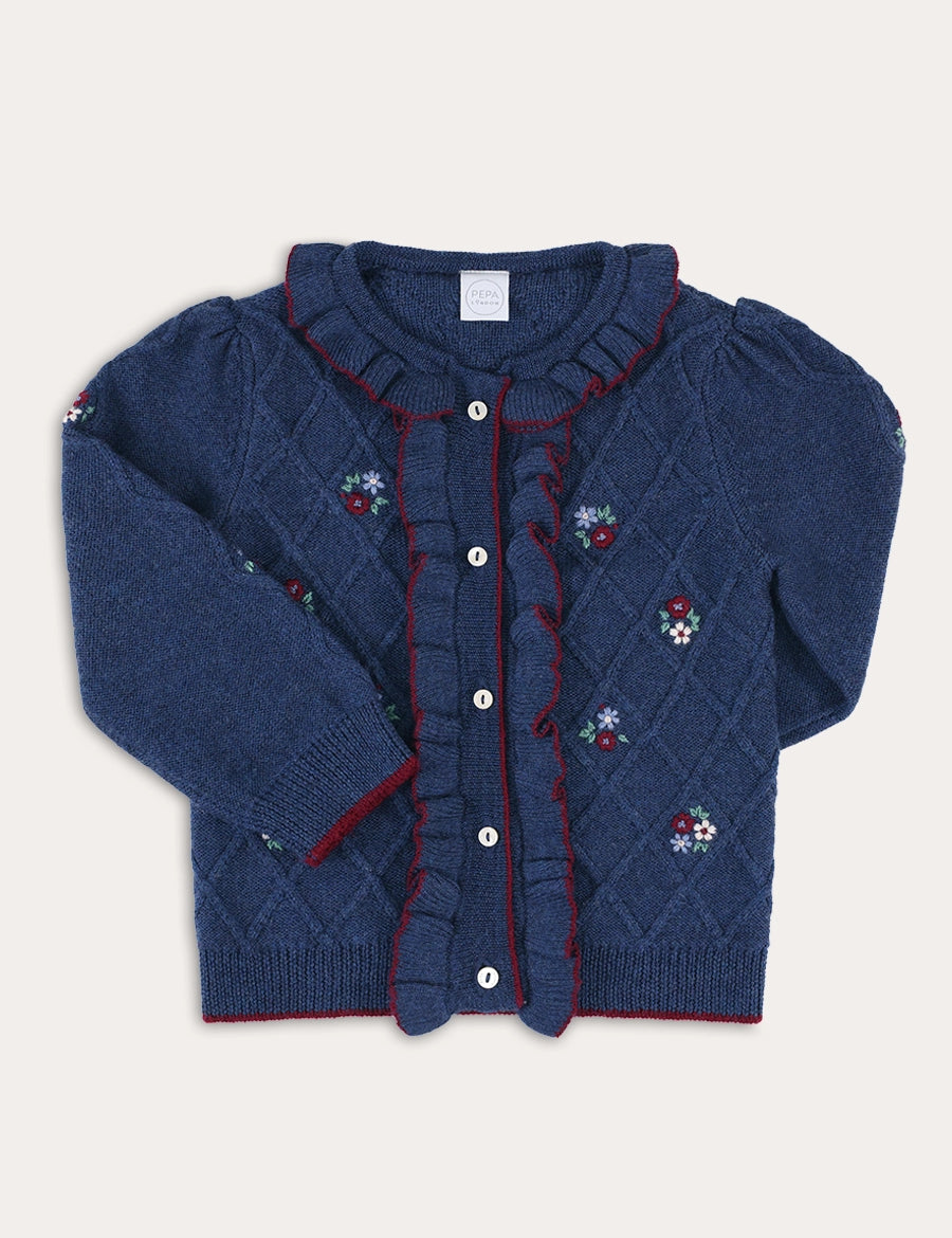 Cable Knit Floral Embroidered Ruffle Detail Cardigan in Navy (4-10yrs) Knitwear from Pepa London