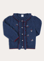 Cable Knit Floral Embroidered Ruffle Detail Cardigan in Navy (4-10yrs) Knitwear from Pepa London