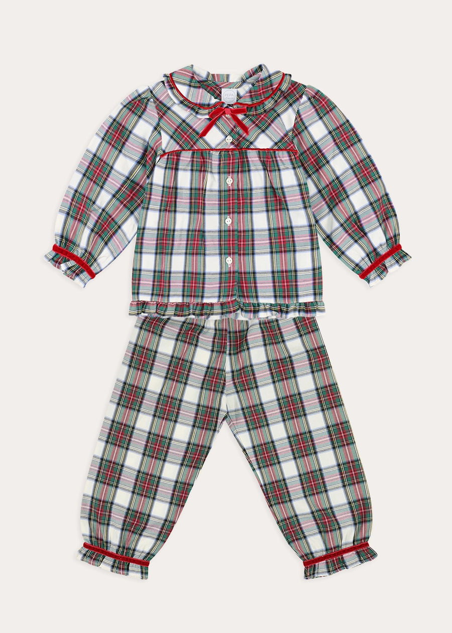 Winterberry Tartan Velvet Trim Detail Pyjamas in Red (2-10yrs) Nightwear from Pepa London