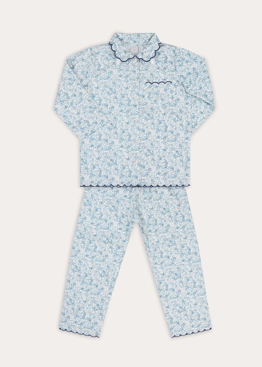 Maisie Floral Scallop Collar Long Sleeve Pyjamas in Blue (2-10yrs) Nightwear from Pepa London