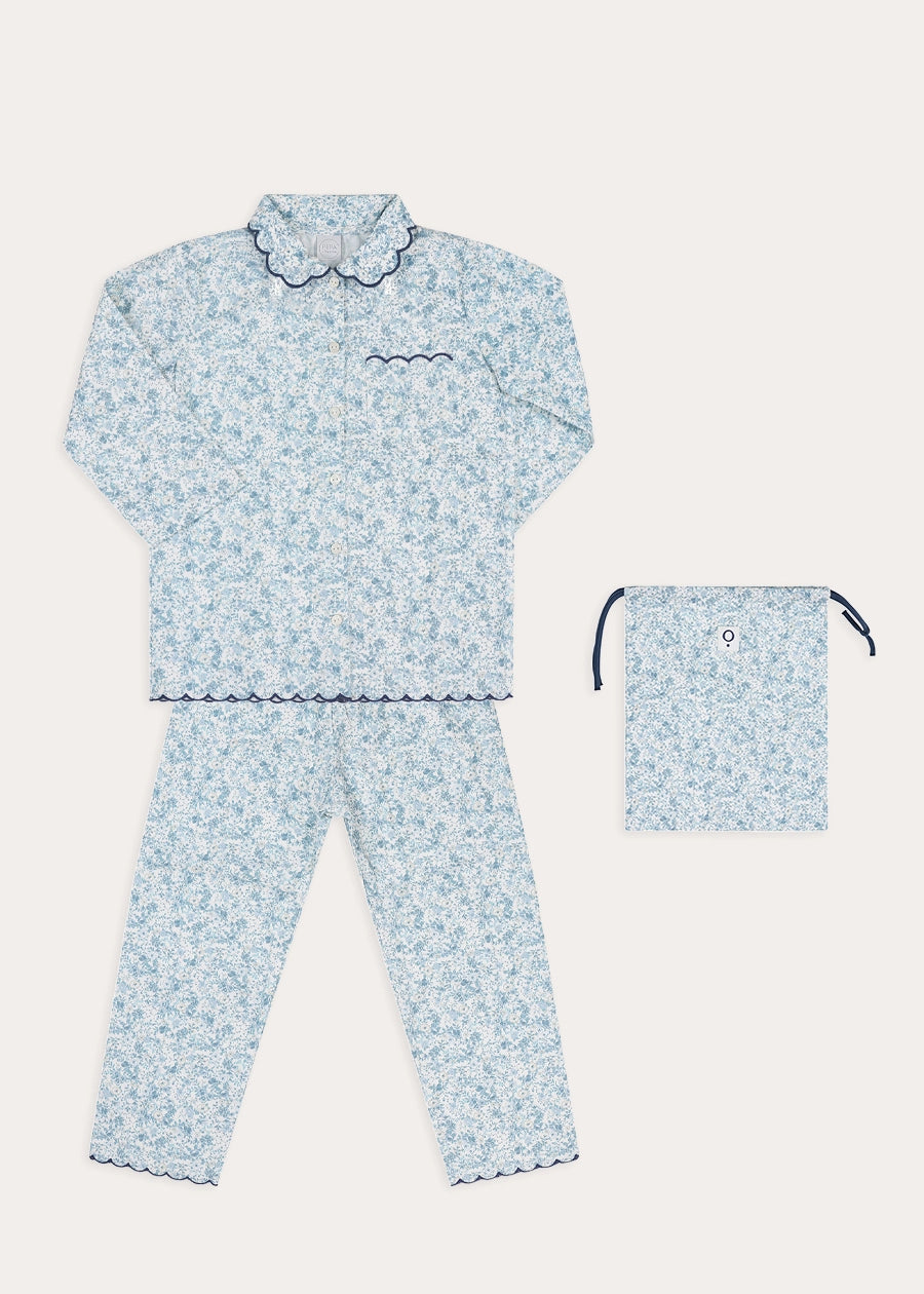 Maisie Floral Scallop Collar Long Sleeve Pyjamas in Blue (2-10yrs) Nightwear from Pepa London