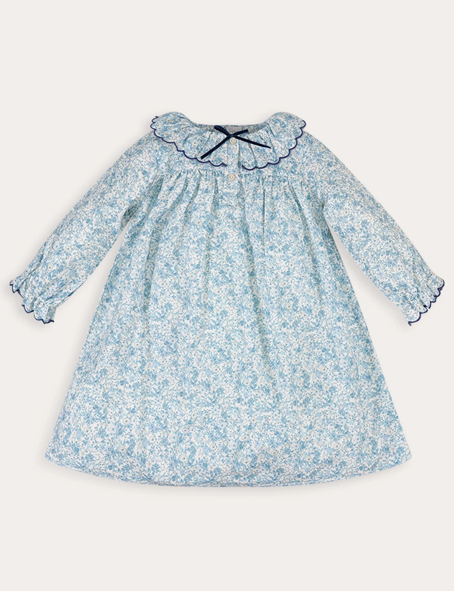 Maisie Floral Frill Collar Long Sleeve Night Dress in Blue (2-8yrs) Nightwear from Pepa London
